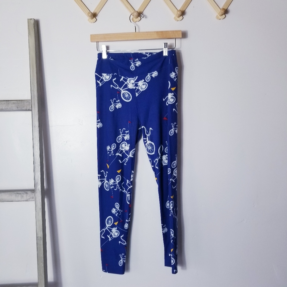 LULAROE BLUE WITH BIKE PATTERN STRETCHY LEGGINGS ONE SIZE